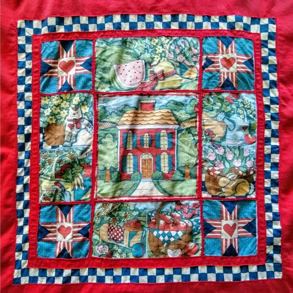 Vintage 1990s Oneita Power 50 Plus Red Country Quilt Made in USA Mens XL Shirt